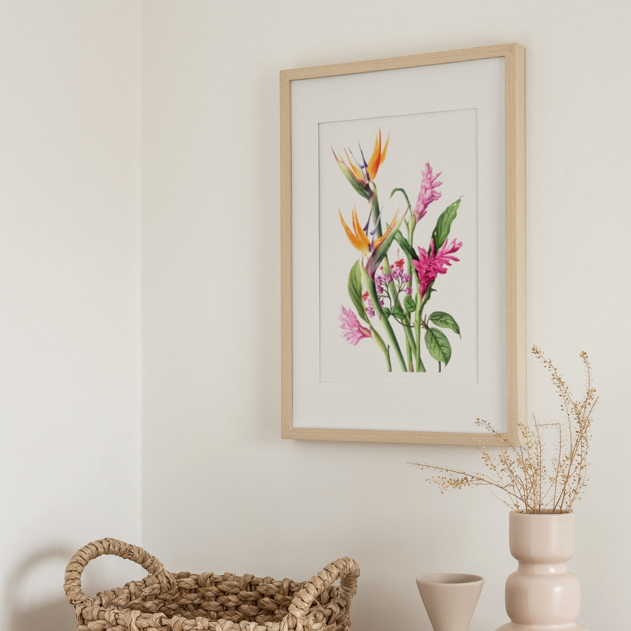 Tropical colourful flowers botanical art print in frame by Sunanda Widel Artistic Nature